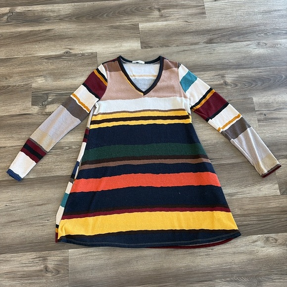 Gorilla Cat Women's Medium‎ Tunic Top or Short Dress Tan Burgundy Stripe Retro - Picture 2 of 9